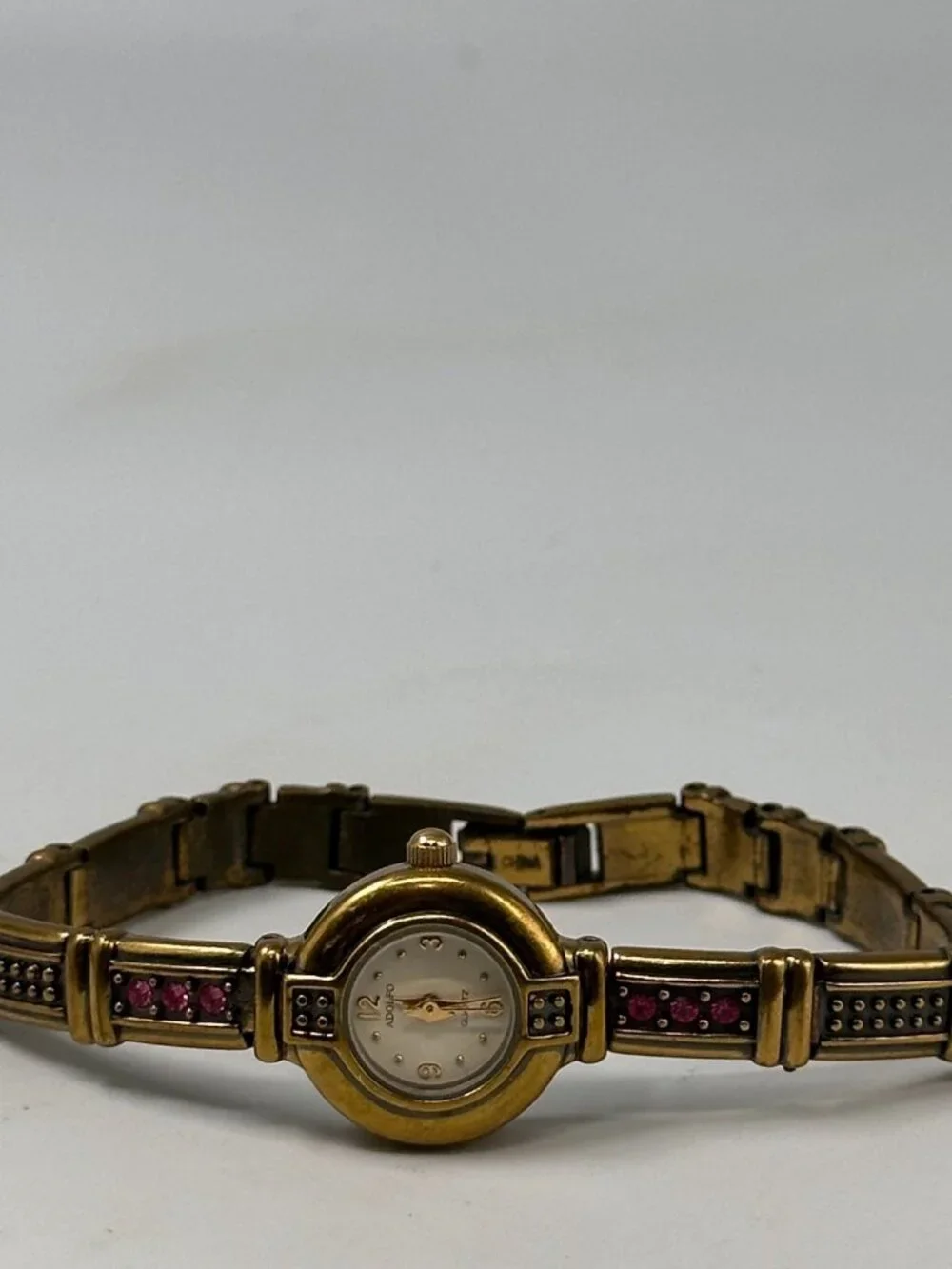 Adolfo Watch Women Gold Tone Pink Rhinestone Accents Small Dial New Battery 7.5